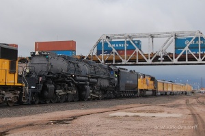 UP Big Boy 4014 goes under the iconic bridge in which it made several trips under.